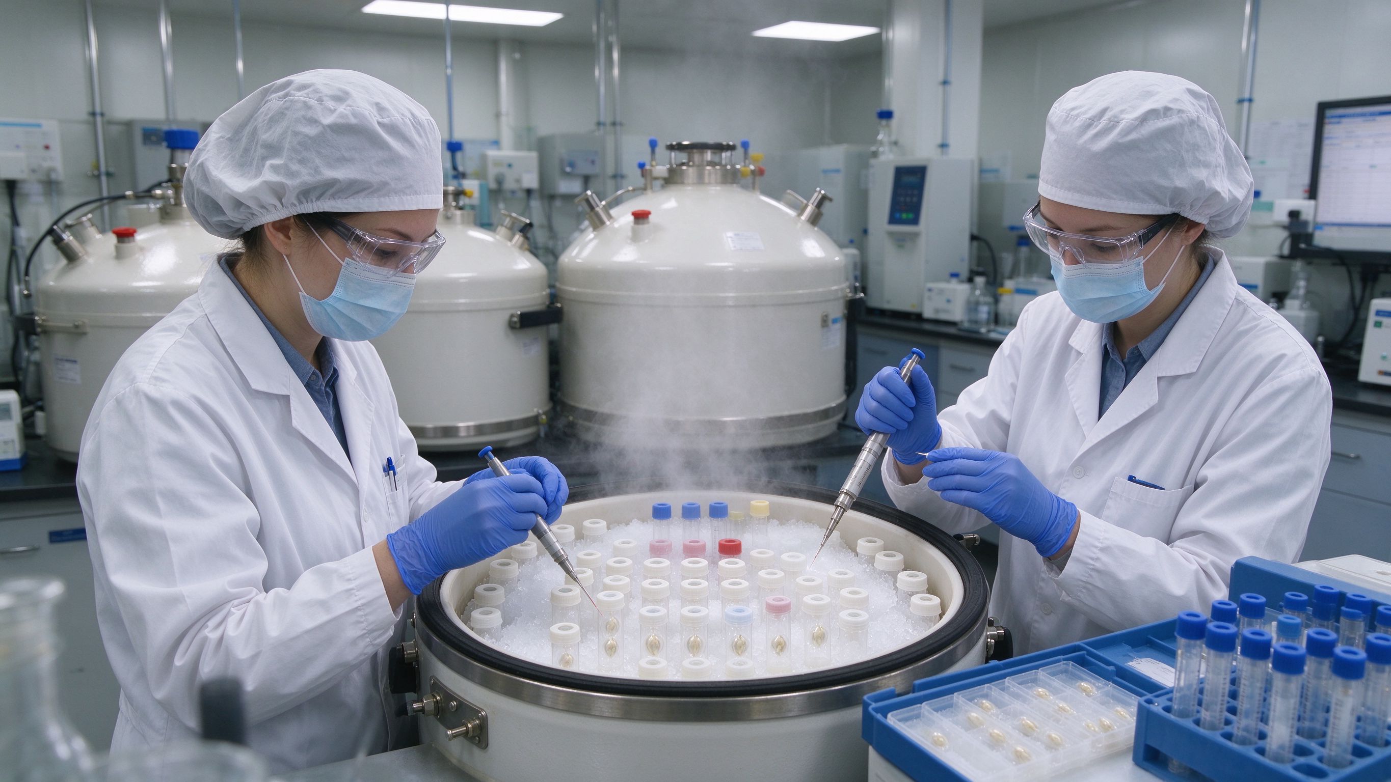冷冻保存实验室，液氮罐储存冷冻胚胎，玻璃化冷冻流程