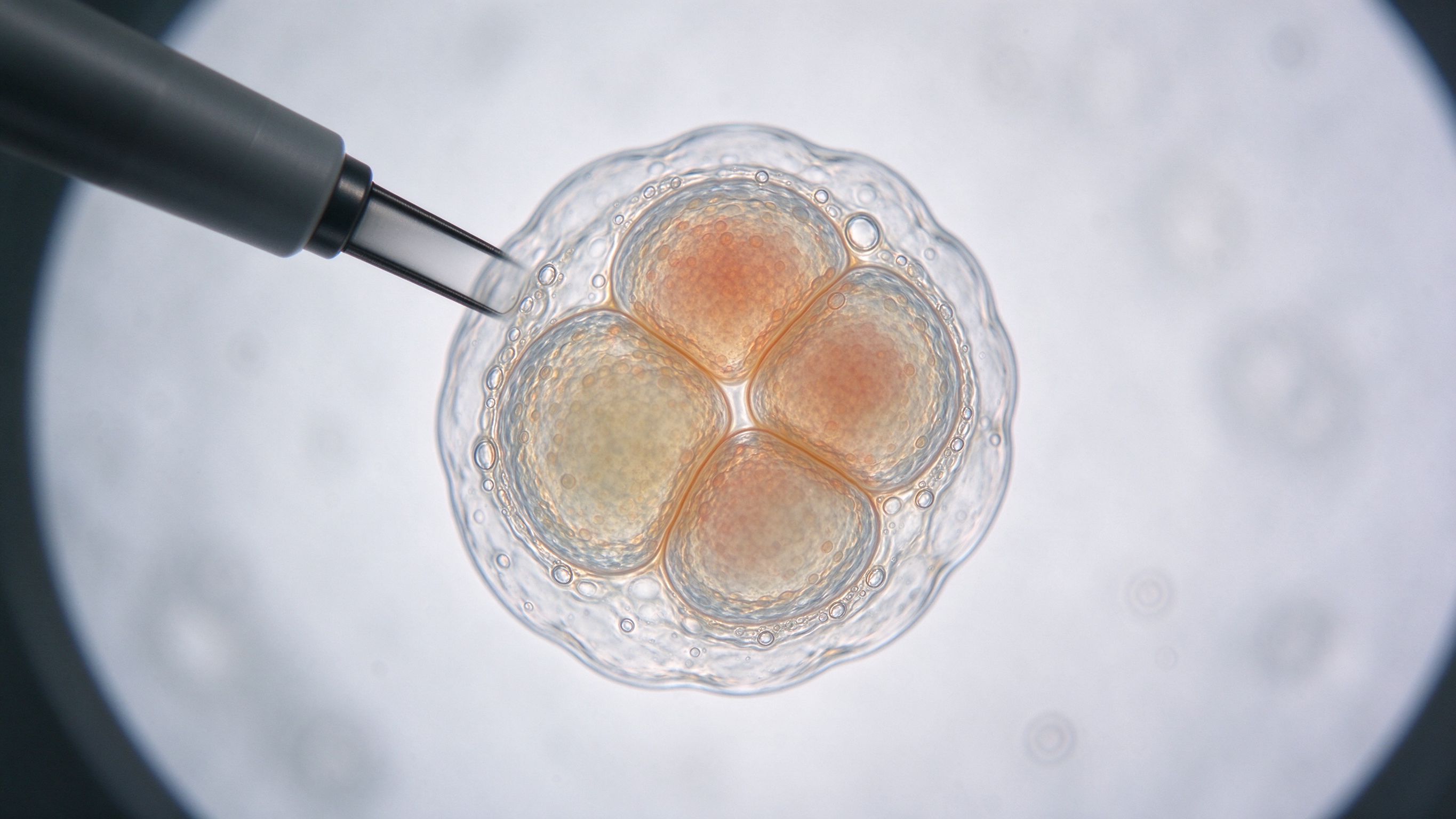 IVF 实验室显微镜下胚胎发育至囊胚阶段，细胞分裂清晰可见