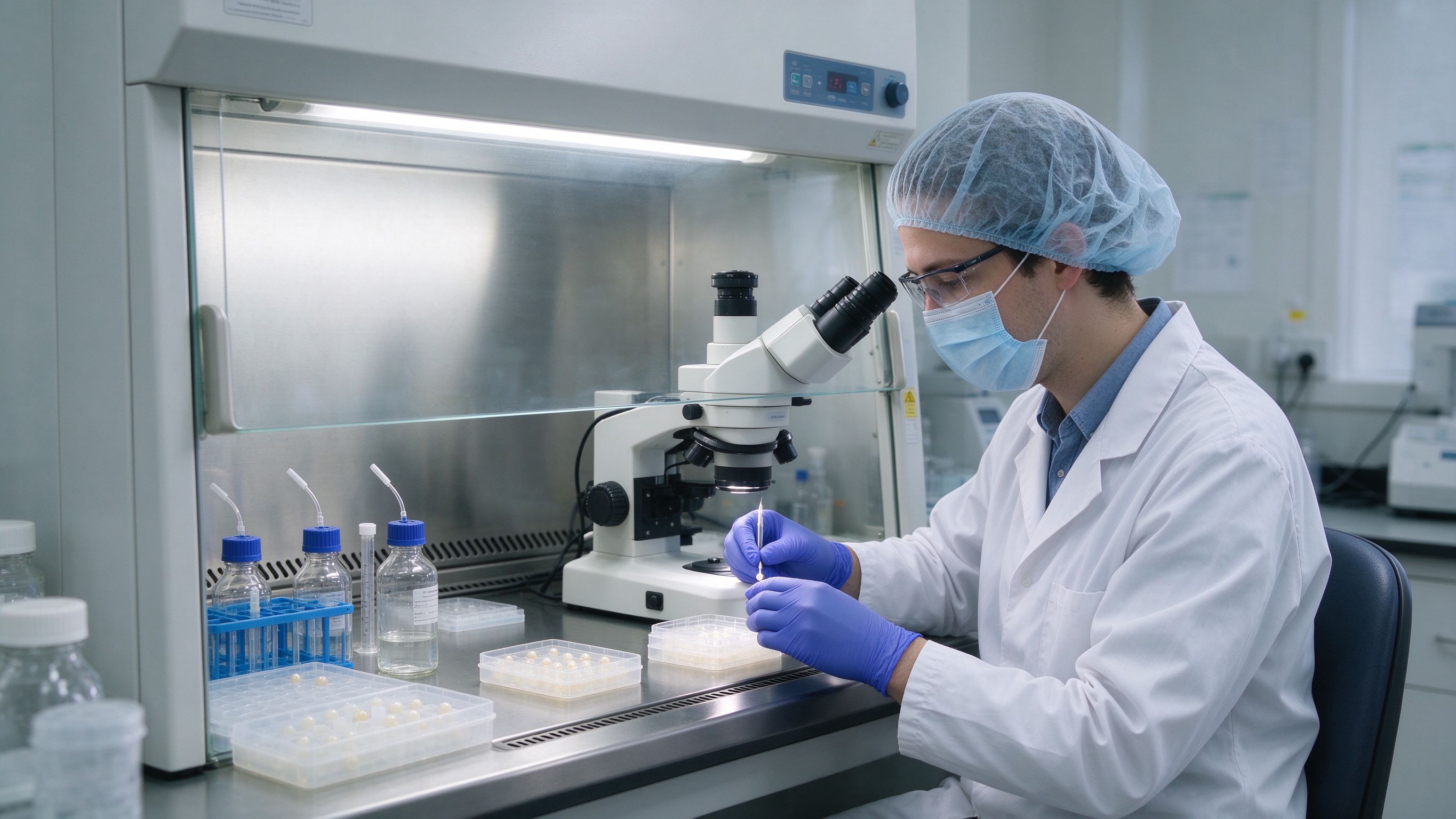 胚胎学家在带通风橱和显微镜的无菌 IVF 实验室中工作