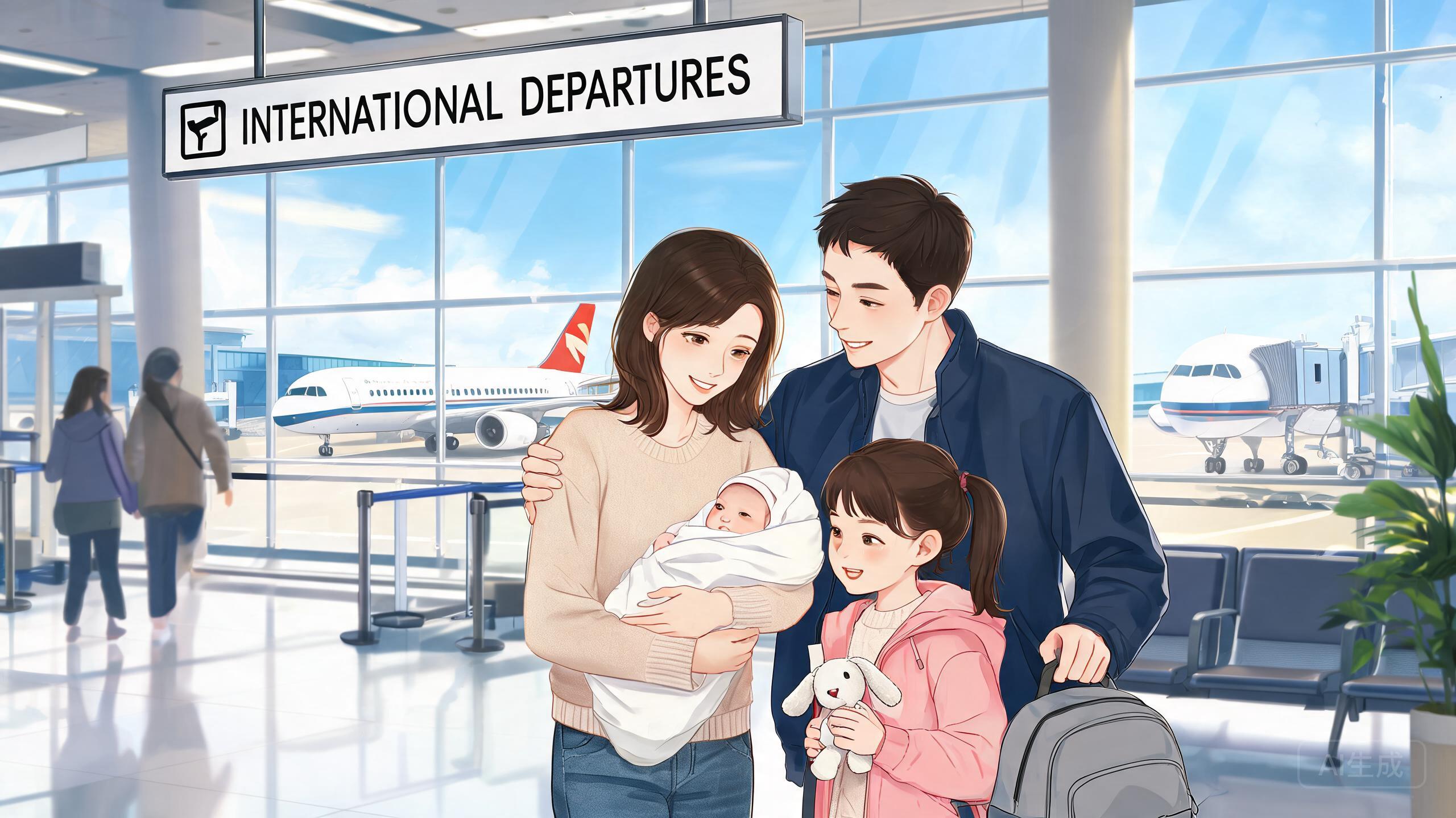 国际机场带着新生儿的家庭