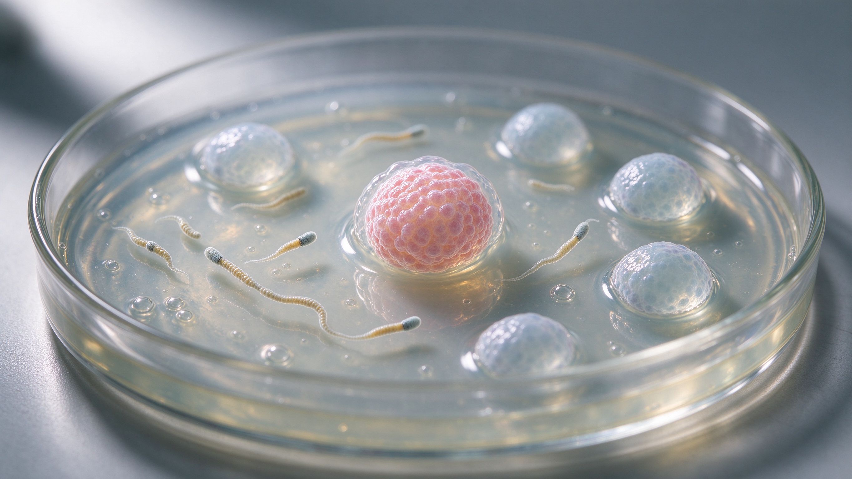 实验室中 IVF 受精，显微镜下培养皿内精卵结合
