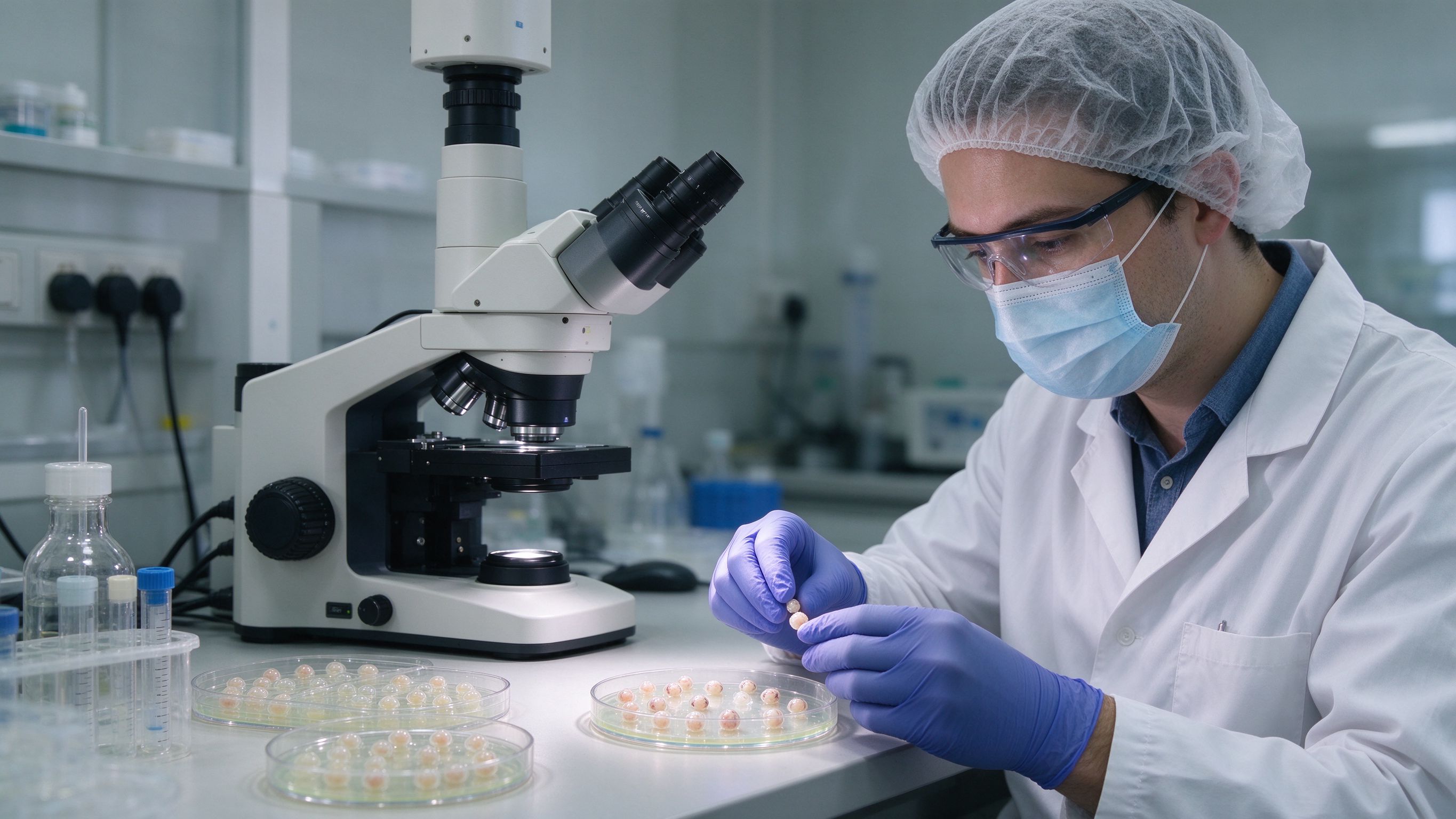 IVF 实验室 IVF 实验室胚胎学家准备胚胎,显微镜和培养皿,现代实验室