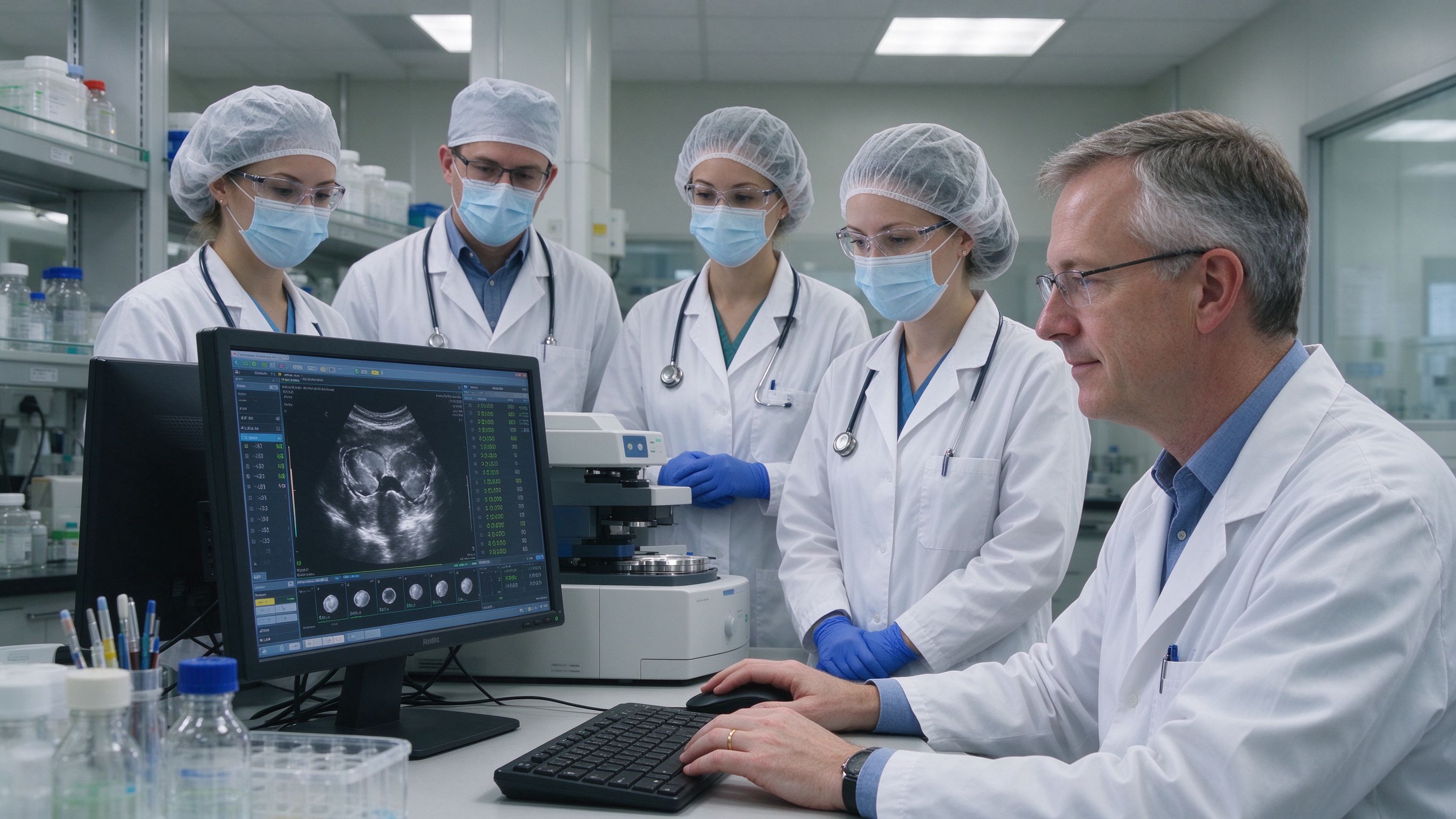 医疗评审 医疗专业人员在屏幕前查看 IVF 数据,生殖实验室团队