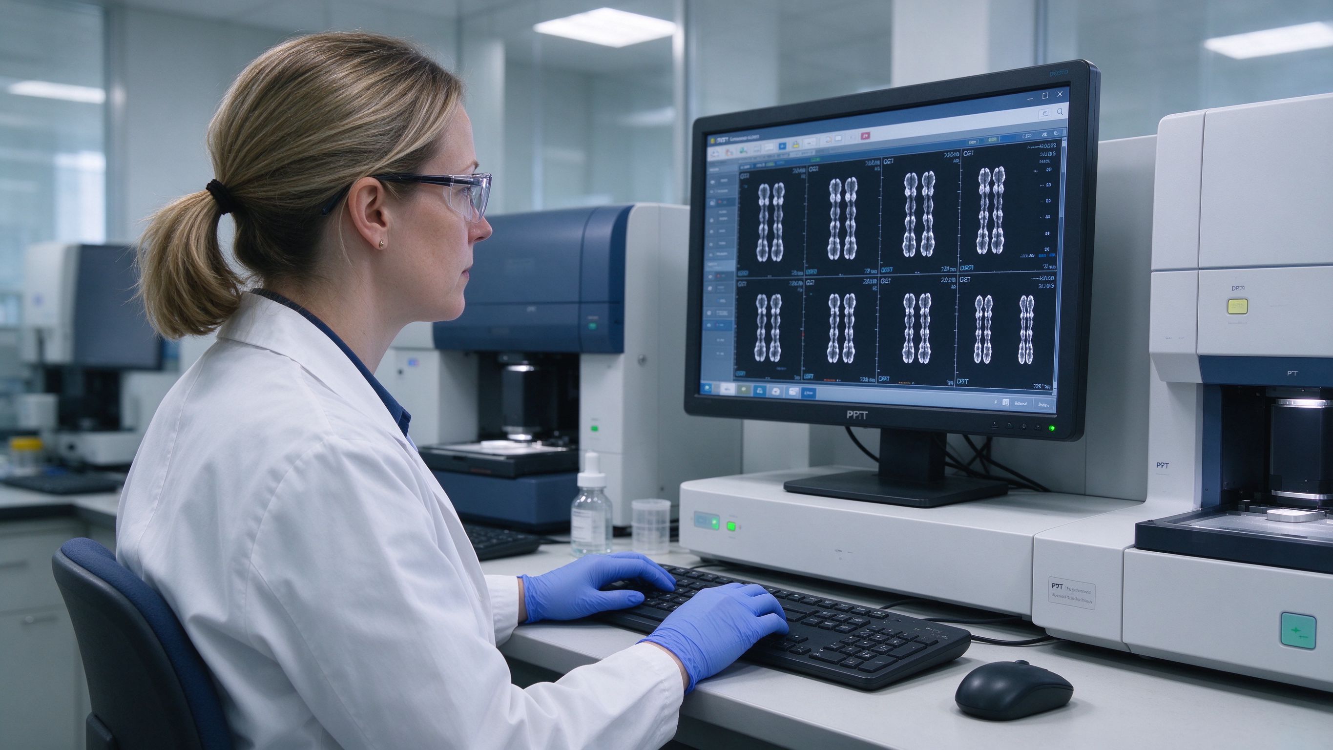 PGT 遗传检测实验室，DNA 分析设备，科学家审阅染色体数据
