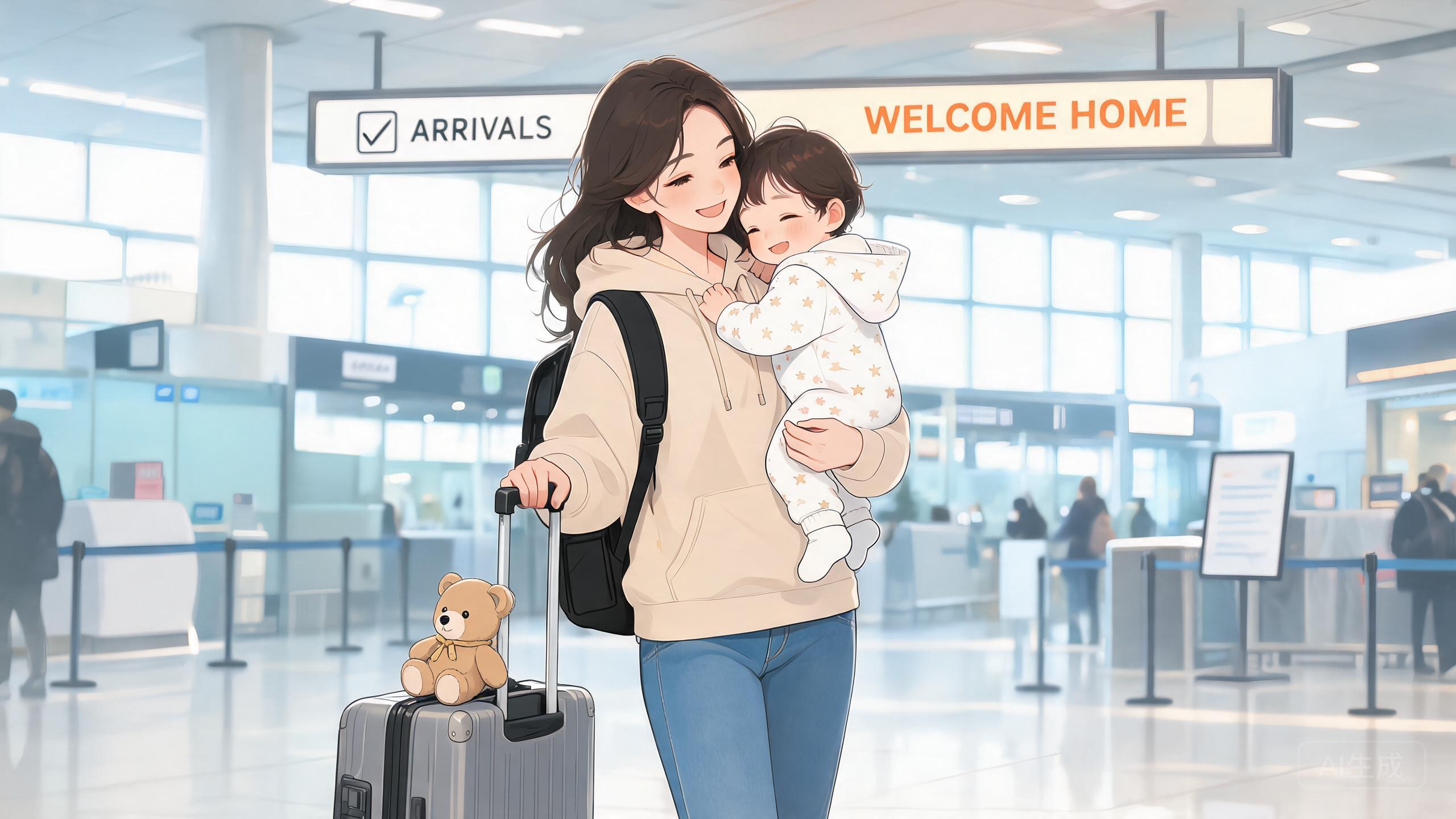 单身妈妈带宝宝机场旅行返家